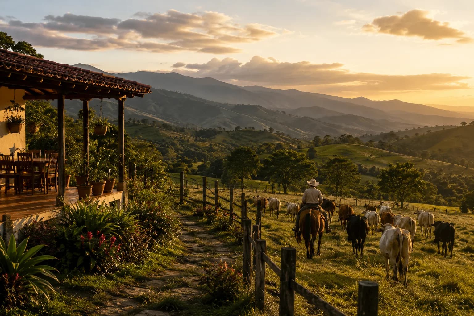 Golden-hour life on a highland Antioquia cattle ranch